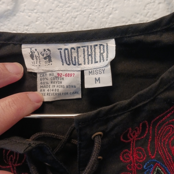 Together! Blouse Women Black Shirt  Embroidery Boho Size Missy M - Picture 10 of 12